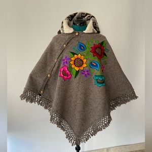 100% Wool Embroidered Floral  Flowers Handmade Poncho